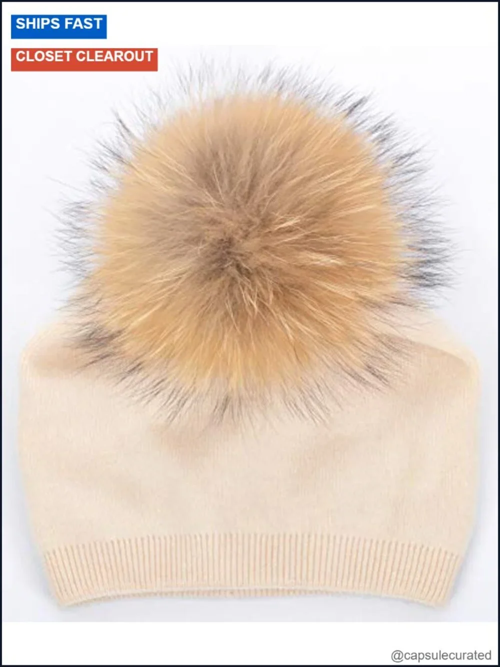 Wool Blend Cashmere Real Fur Pom Pom Slouchy Knit Beanie Hat